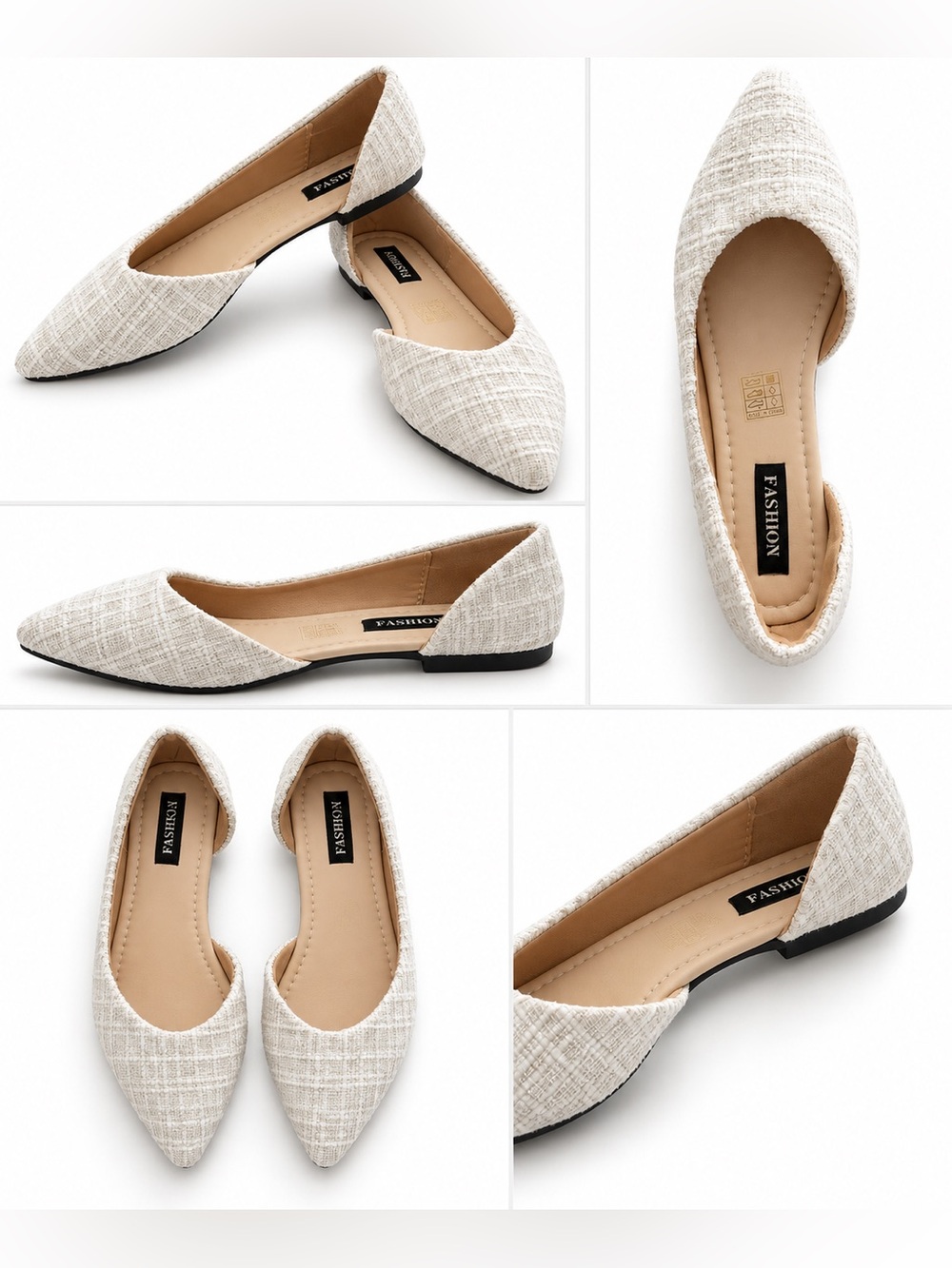 Women's Pointed-Toe Beige Tweed Flats
